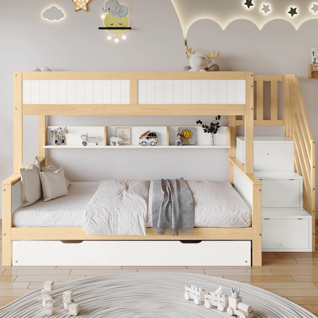Letto a Castello; Letto Singolo 90x200 cm e 120x200 cm con estraibile; armadio e scala