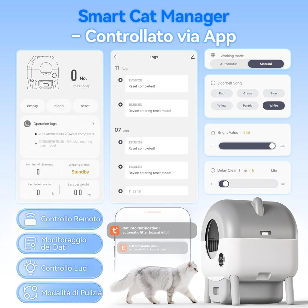 lettiera automatica per gatti, upgrade grande capacità, lettiera autopulente elettrica con controllo APP, adatta per gatti fino a 12 kg, include cat litter gatto con LED 6 colori.