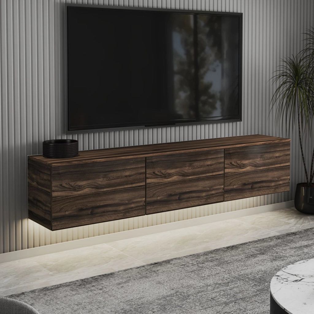 Porta TV sospeso in legno "Neon" con illuminazione a LED - 160 x 32 x 35 cm - Marrone