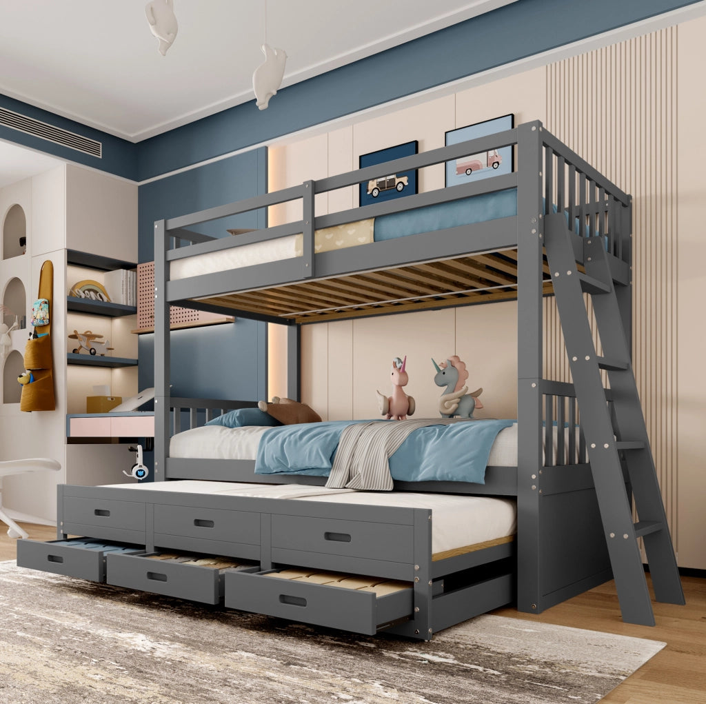 Letto a castello 90x200 cm con letto estraibile e 3 cassetti in legno e MDF grigio