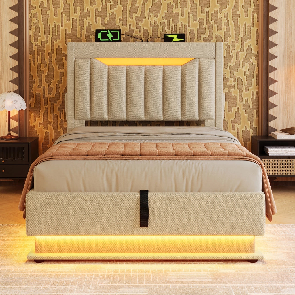 Letto singolo – 90x200 cm – USBC LED contenitore con materasso – lino beige