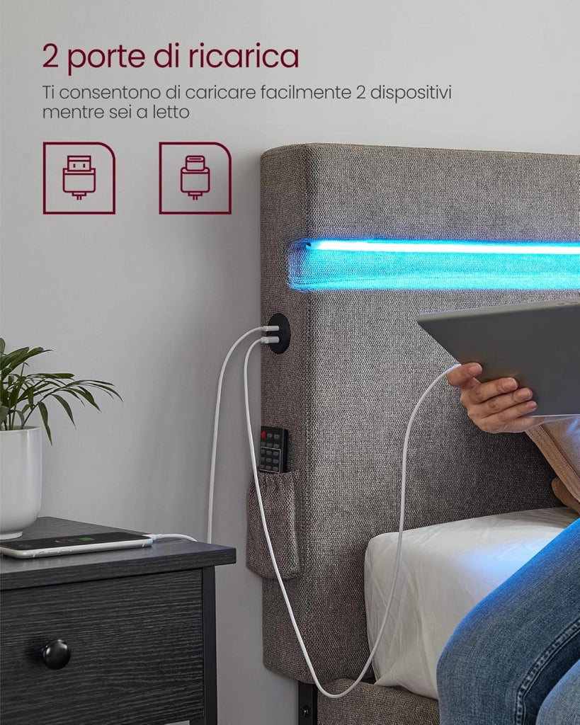 VASAGLE Struttura Letto Matrimoniale in Metallo, 140 x 190 cm, Letto a Doghe con Testiera, con Luci a LED, Porta USB e TYPE-C, Base per Materasso, Moderno, Grigio Scuro RMB802G71