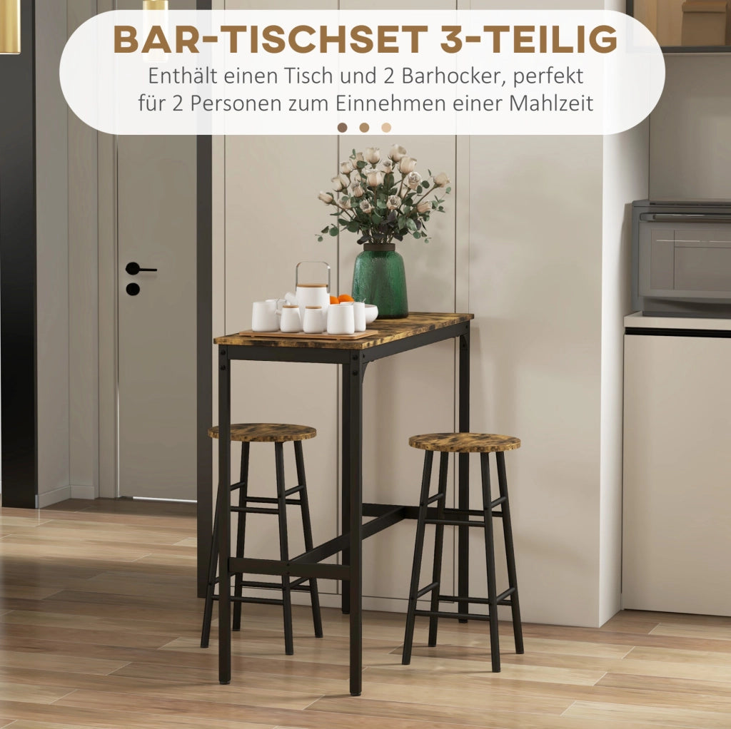 Set tavolo da bar ULEVR 3 pezzi con 2 sgabelli e poggiapiedi, 105x40x90 cm, MDF marrone e acciaio nero