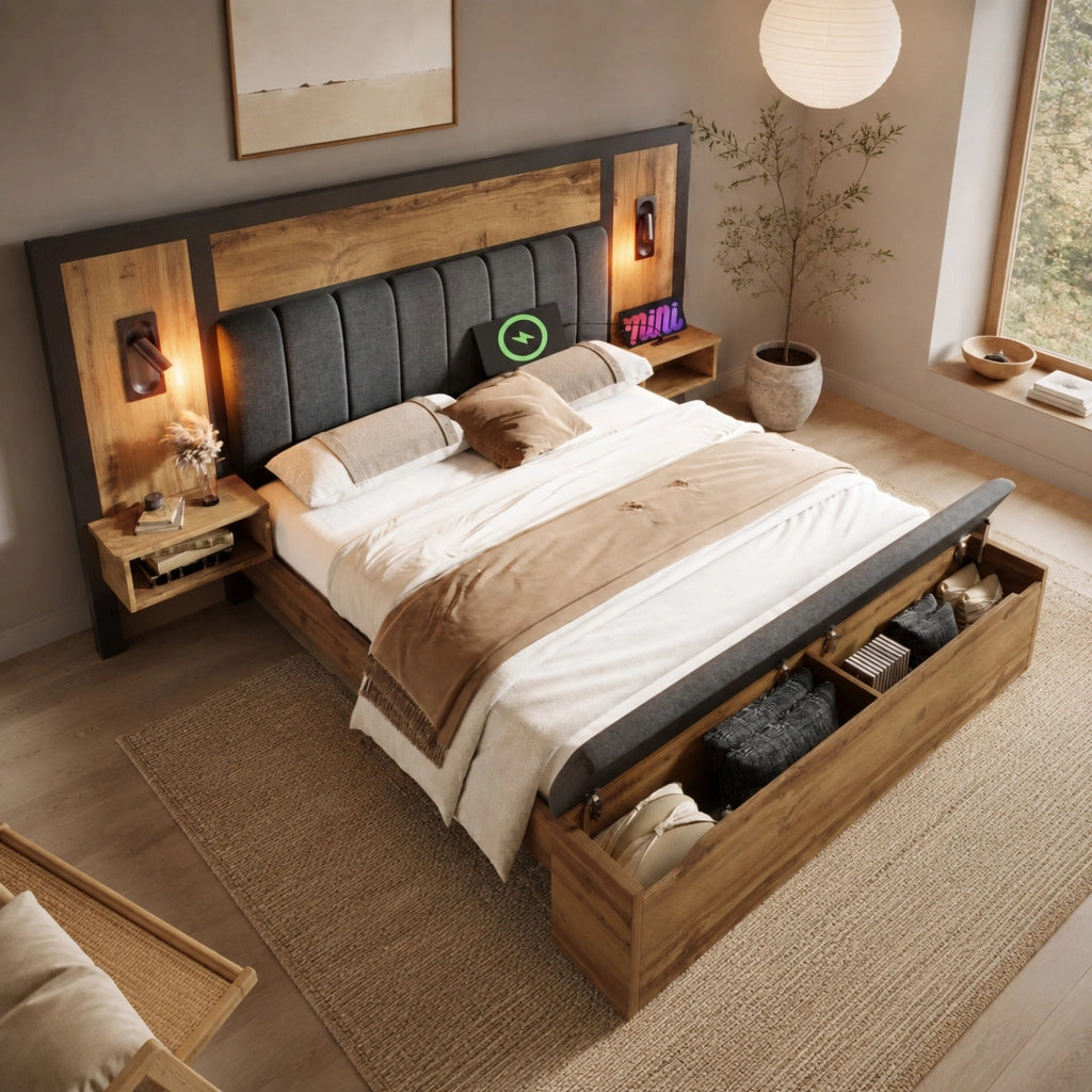 Letto matrimoniale 180x200 con luci, USB-C e panca contenitore