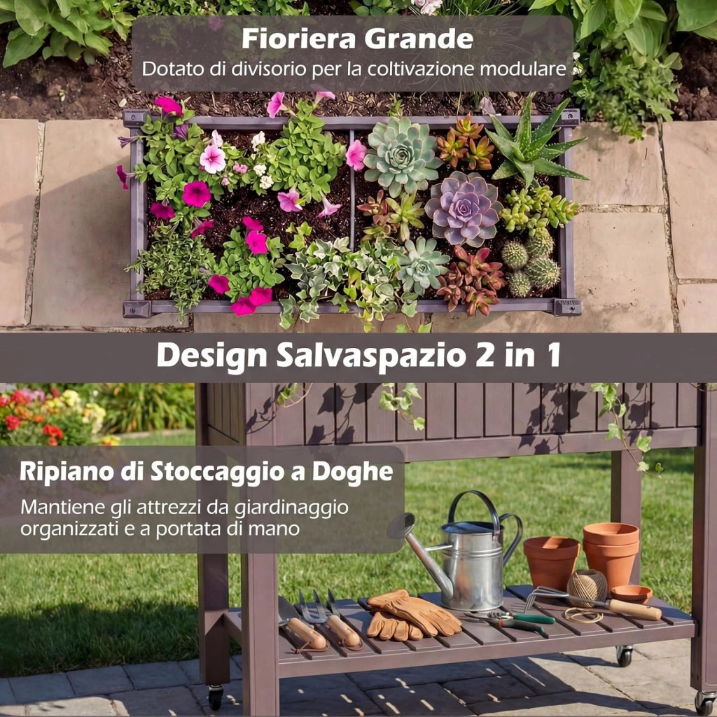 Letto da Giardino Rialzato con Ruote, Fioriera Elevata Divisibile con Monitor d’Acqua, Foro di Drenaggio e Ripiano per Verdure, Erbe, Contenitore Impermeabile per Piante da Cortile e Patio