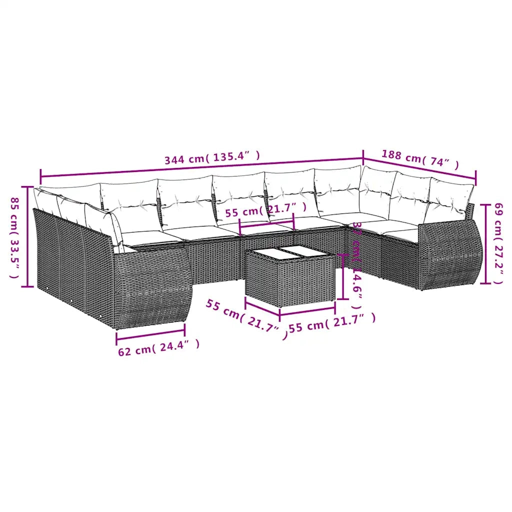 Set Divani da Giardino 10pz con Cuscini in Polyrattan Marrone 3221872