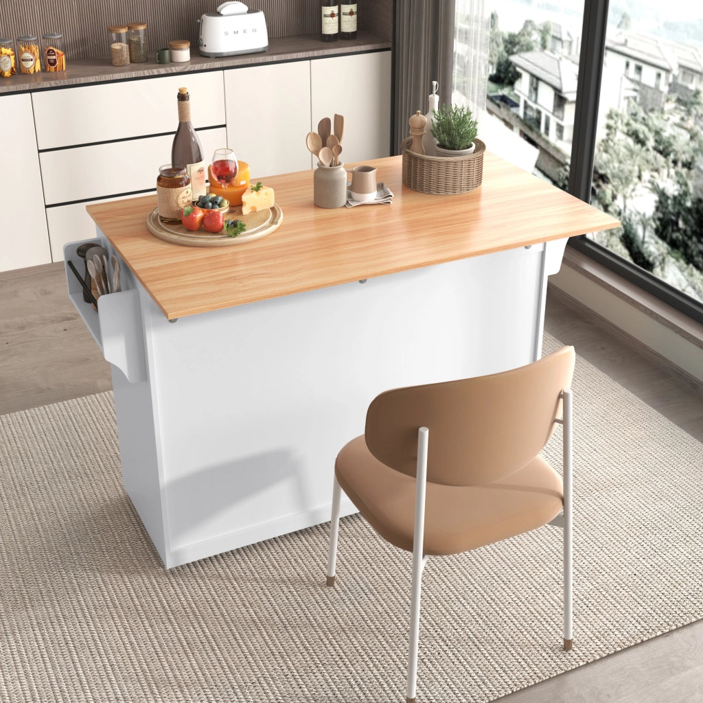 Isola da Cucina Mobile 120x46/70x91 cm Bianca con Piano Ribaltabile; 2 Cassetti; Ruote e Gambe in Legno
