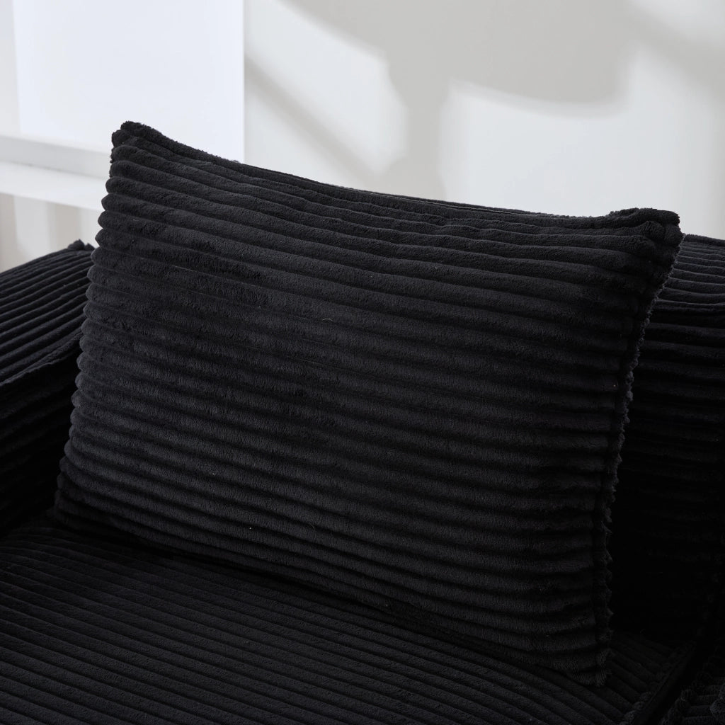 Divano modulare 4 posti con 2 pouf; portabicchieri e tasche laterali in corduroy nero