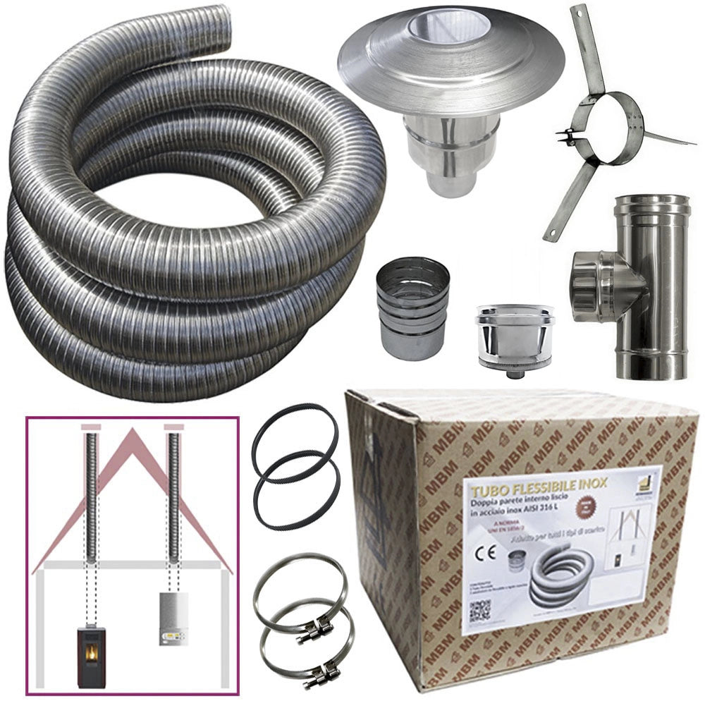 Kit tubo acciaio inox 316 flessibile 3 mt diametro 80 mm interno liscio a norma CE EN 1856 2 canna fumaria