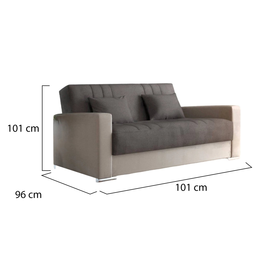 Divano letto Arix, Divano letto contenitore a 3 posti in ecopelle e tessuto, SofÒ  da soggiorno con apertura click-clack e 2 cuscini inclusi, 230 x96h101 cm, Beige e Grigio
