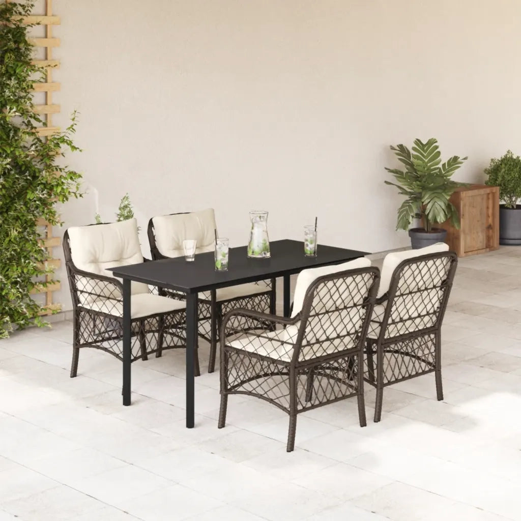 Set da Pranzo da Giardino 5pz con Cuscini in Polyrattan Marrone