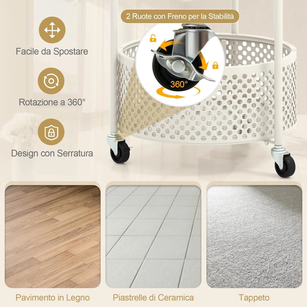 Tavolino da Caffè in Vetro, Tavolino Laterale a 2 Piani con Ruote, Motivo ad Orso, Cestino e Struttura in Metallo, Tavolino per Soggiorno, Camera da Letto e Studio (Bianco)