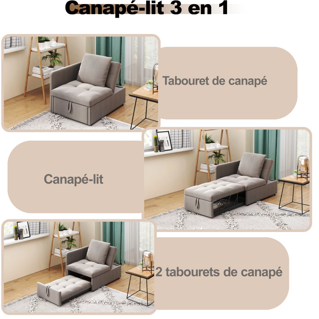 Divano letto 3 in 1 grigio con schienale reclinabile