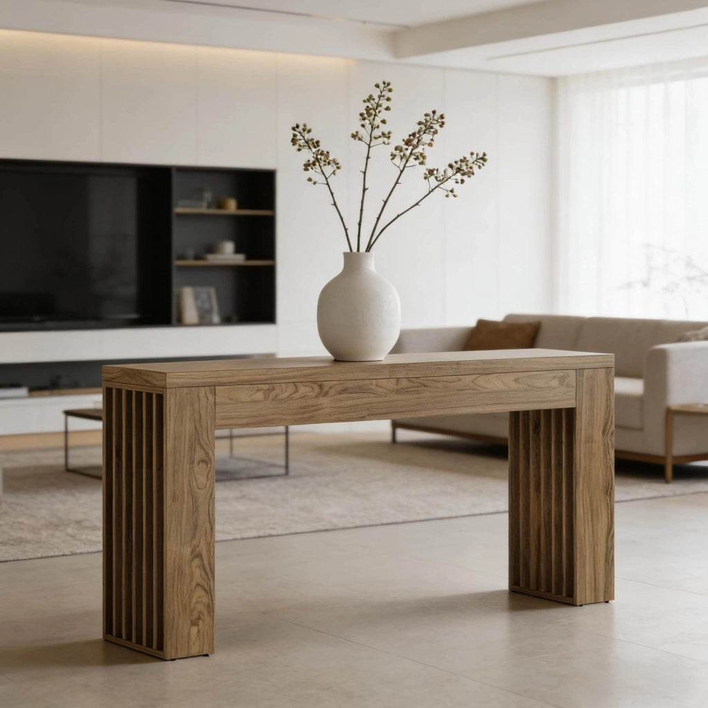 Tavolo consolle in MDF marrone stile rustico; lunghezza 150 cm