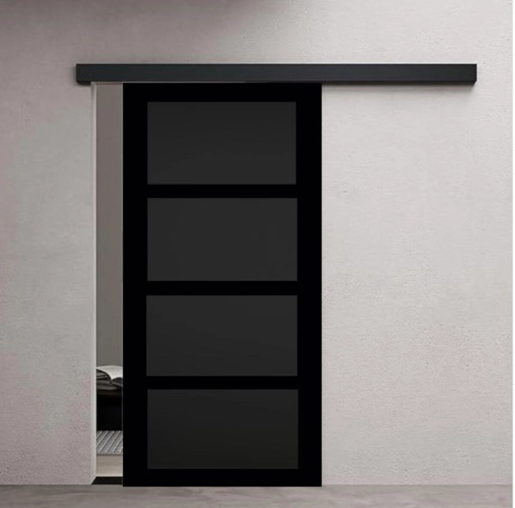 Porta scorrevole Telia nera 4 pannelli H204 x L83 + binario in alluminio nero