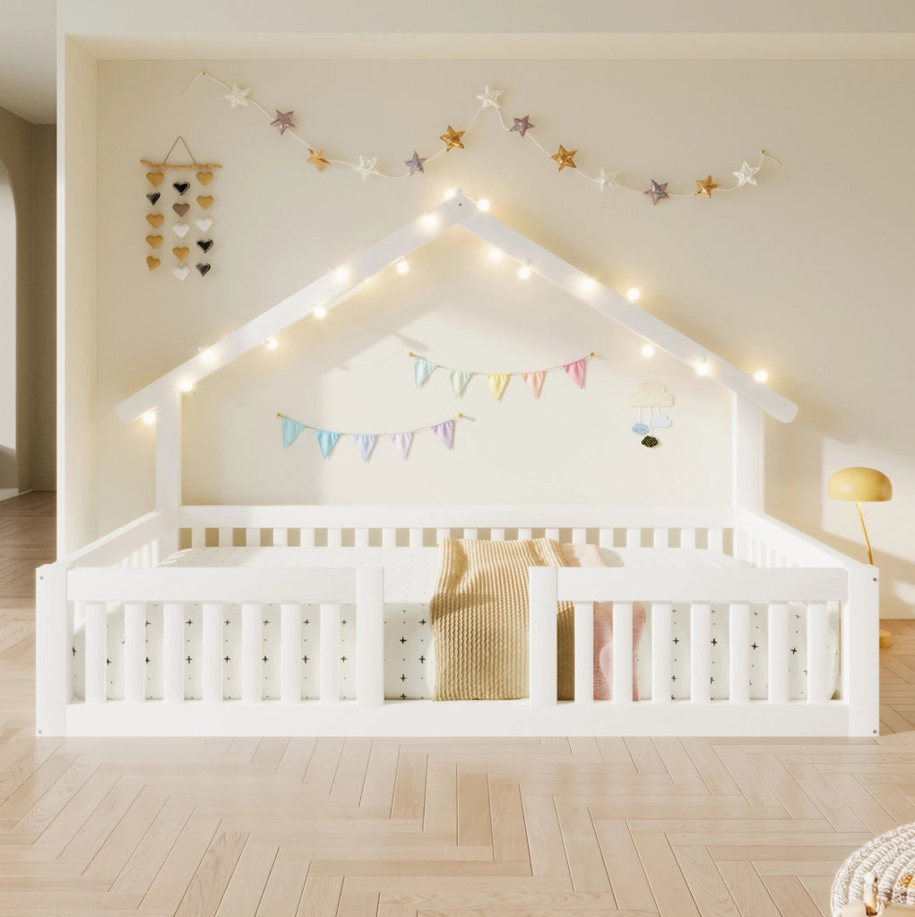 Letto a casetta per bambini con barriera di sicurezza e luci LED; 90 x 200 cm; bianco