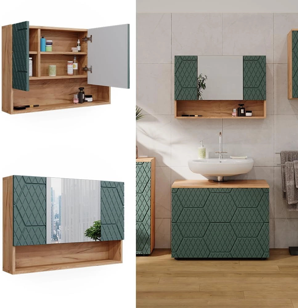 Mobile da bagno con specchio Irma, Quercia verde/oro, 80.1 x 55 cm, con specchio e ripiani aperti per montaggio a parete
