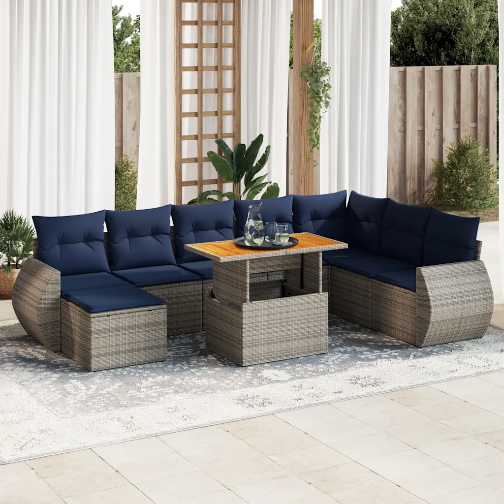 Set Divano da Giardino 9 pz con Cuscini Grigio in Polyrattan