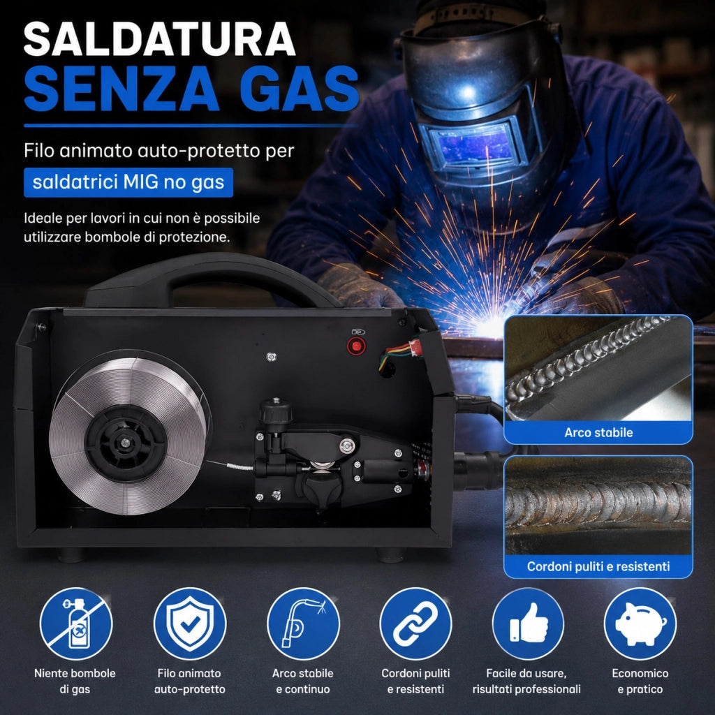 Filo Animato Per Saldatrice No Gas Bobina da 0,8 mm 1 kg MIG E71T-GS