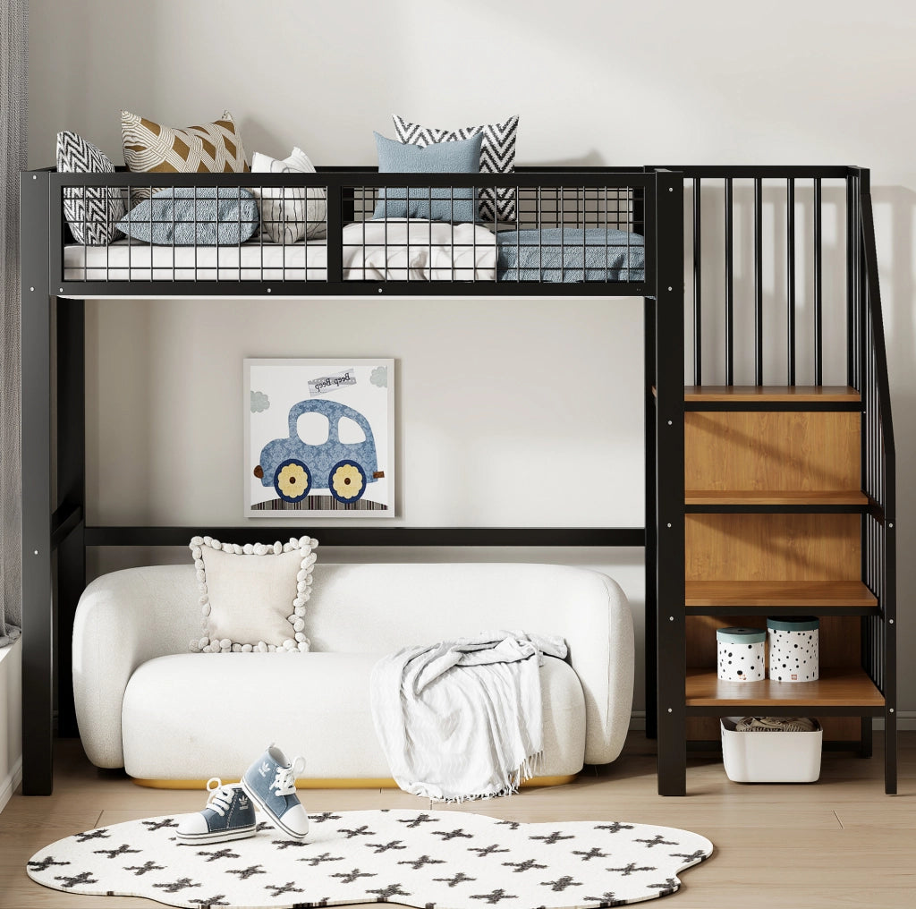 Letto a soppalco 90x200 cm nero in metallo con scala di sicurezza e armadio