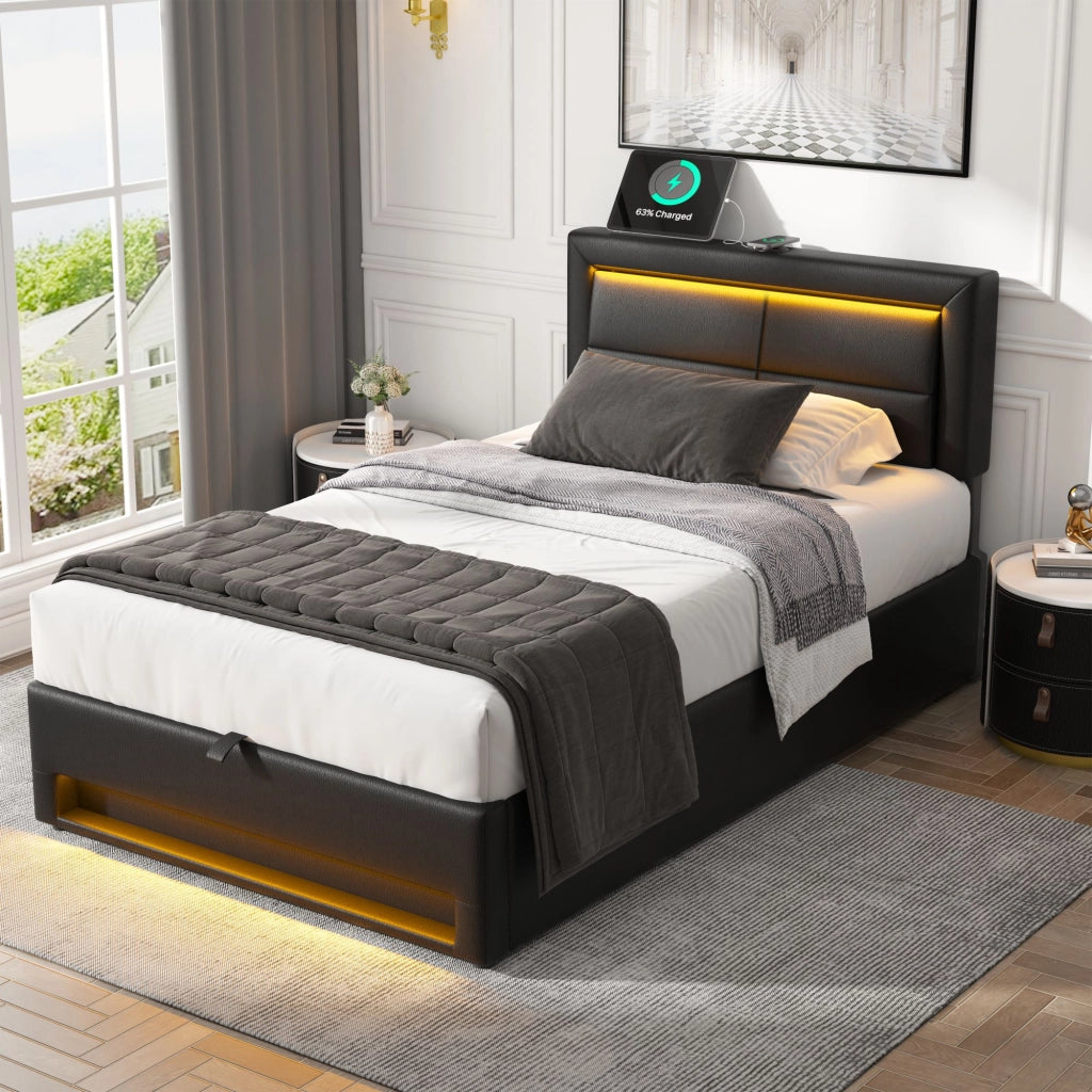 Letti contenitori 90x200 cm; USB e LED; contenitore; PU nero (Senza materasso)