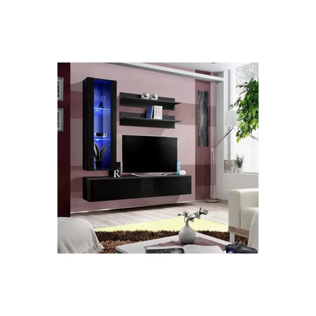 Mobile TV FLY H2 design, color nero lucido. Mobile sospeso moderno e di tendenza per il tuo soggiorno.