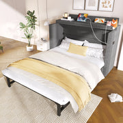 OKWISH Letto a scomparsa 140×200 cm, Letto Matrimoniale con 1 Cassetto, USB, Tipo C e Mensola, senza Materasso, in Lino, Grigio