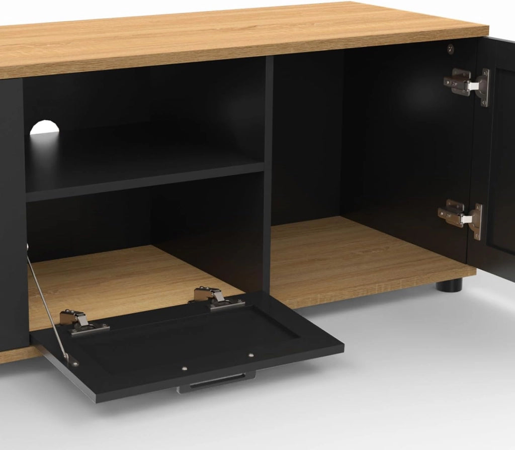 Mueble TV VITO con cajón y hornacina negros y tapa de madera de 110 cm