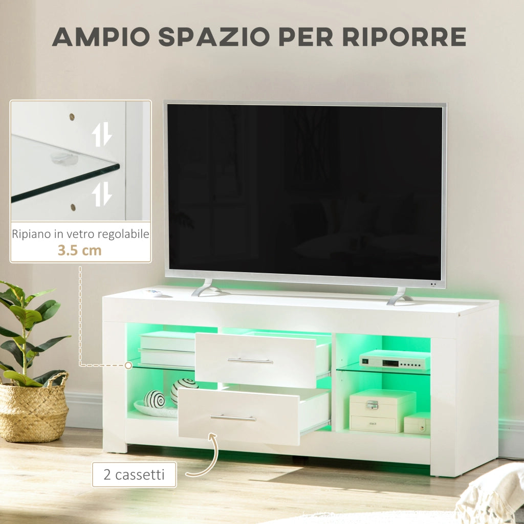 EasyComfort Mobile Porta TV da 55" con Luci LED a 12 Colori e Telecomando, Legno e Vetro 120x40x50cm, Bianco