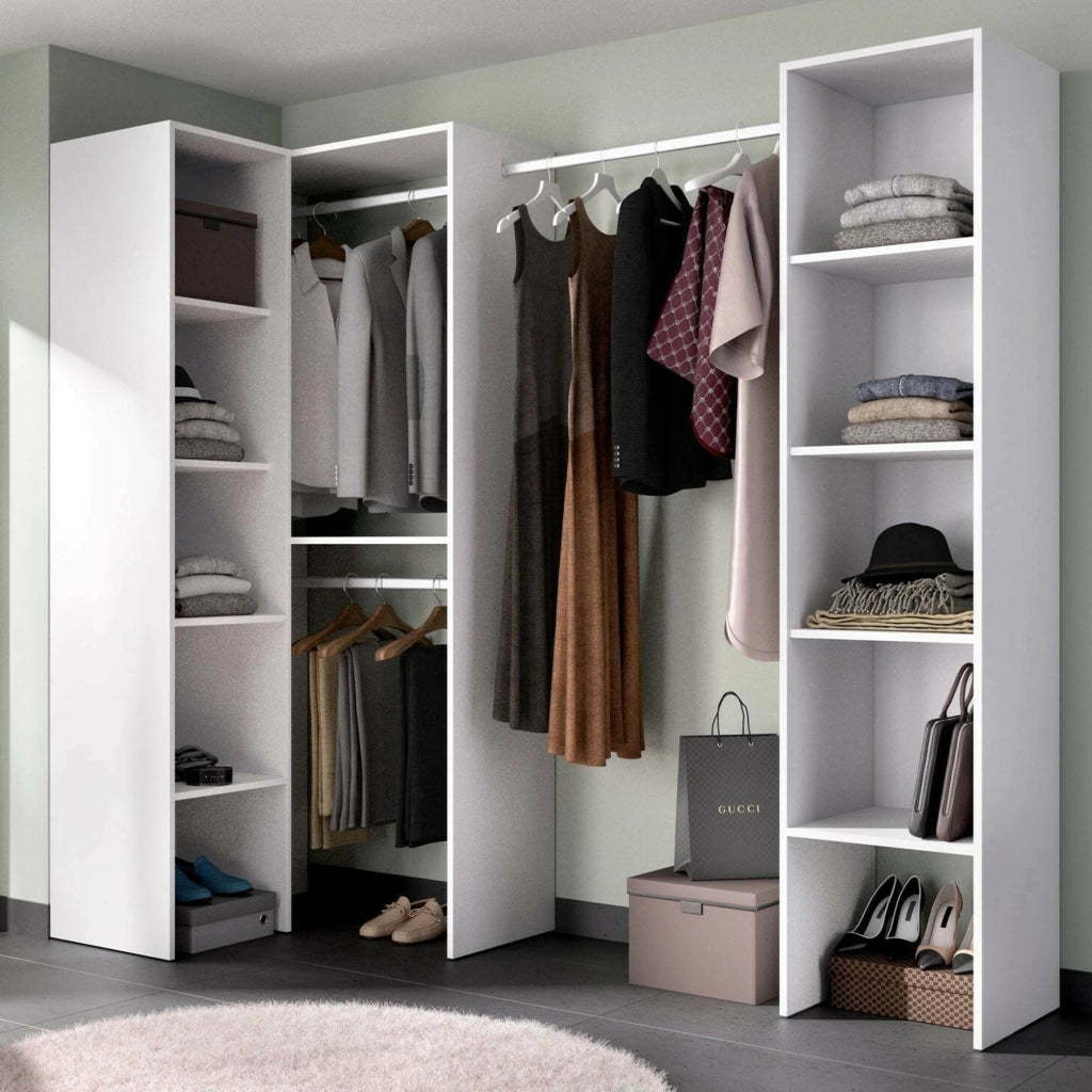 Guardaroba Alexois, Struttura per cabina armadio angolare, Mobile appendiabiti aperto ad angolo, 226x79h186 cm, Bianco