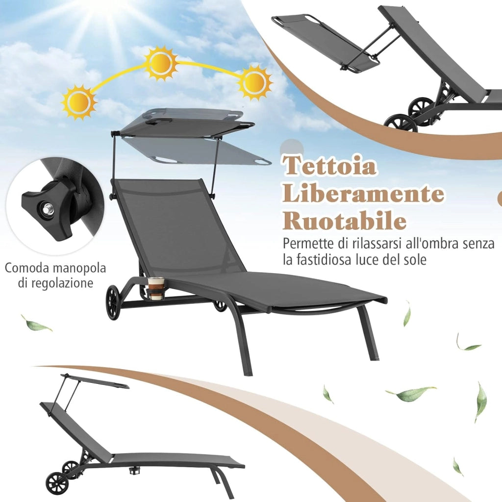 Lettino Prendisole da Giardino, Sdraio Reclinabile con Ruote Tettuccio, con Schienale Regolabile in 6 Livelli, Lettino da Giardino con Portabicchieri a Scomparsa, Portata 150 kg (Grigio)
