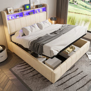Letto matrimoniale imbottito 160x200 cm in tessuto effetto lino beige con LED; USB e contenitore