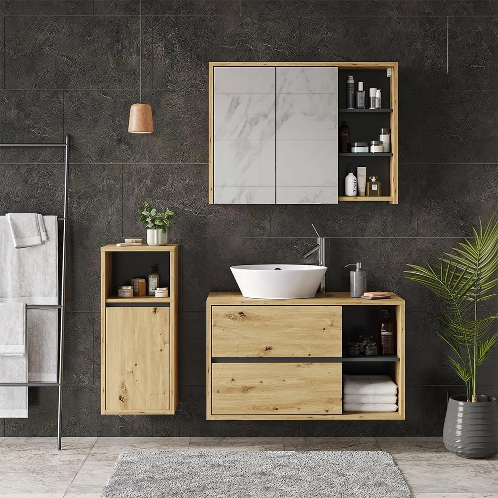 Mobiletto bagno Viola, Rovere artigianale, 38 x 80 cm, per montaggio a parete con vani a giorno e vani chiusi