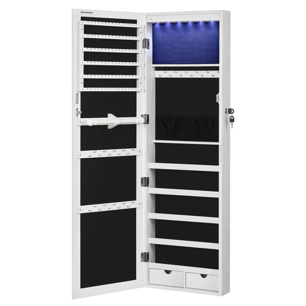 Mobiletto portagioie mobiletto portaoggetti 37 x 10 x 120 cm da parete da appendere alla porta con serratura e luce LED 12_0003923