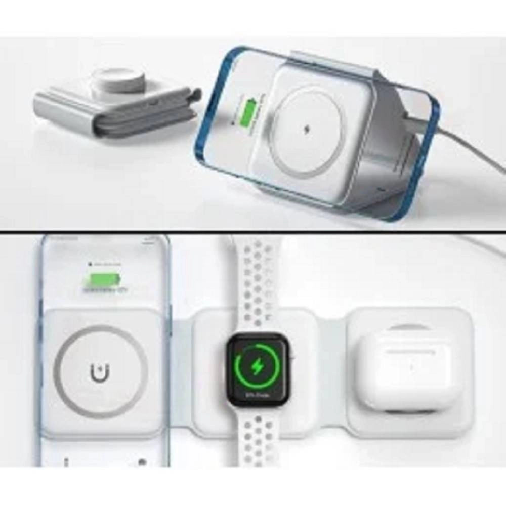 Trade Shop - Caricabatterie Wireless Magnetico 15w 3in1 Qi Smartphone Airpods Smartwatch C3546 -