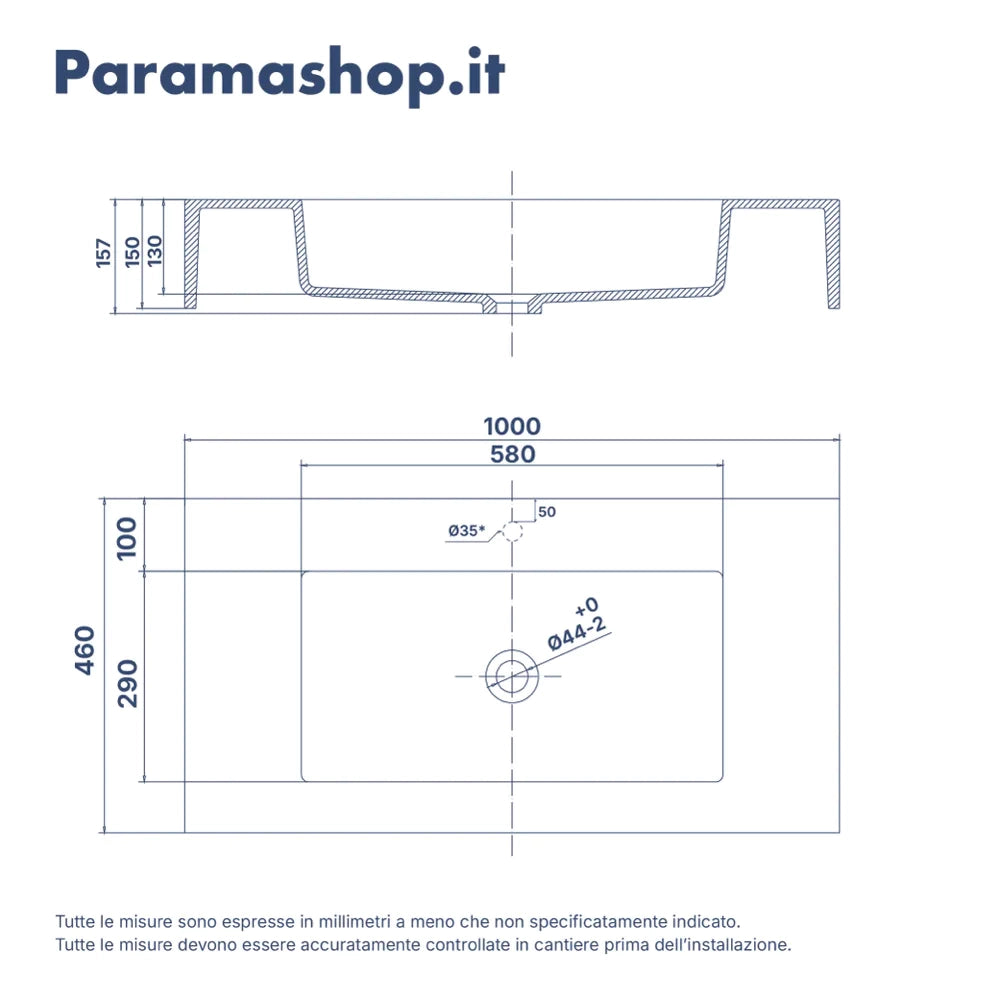 Lavabo sospeso in marmoresina 100cm bianco opaco | Koro