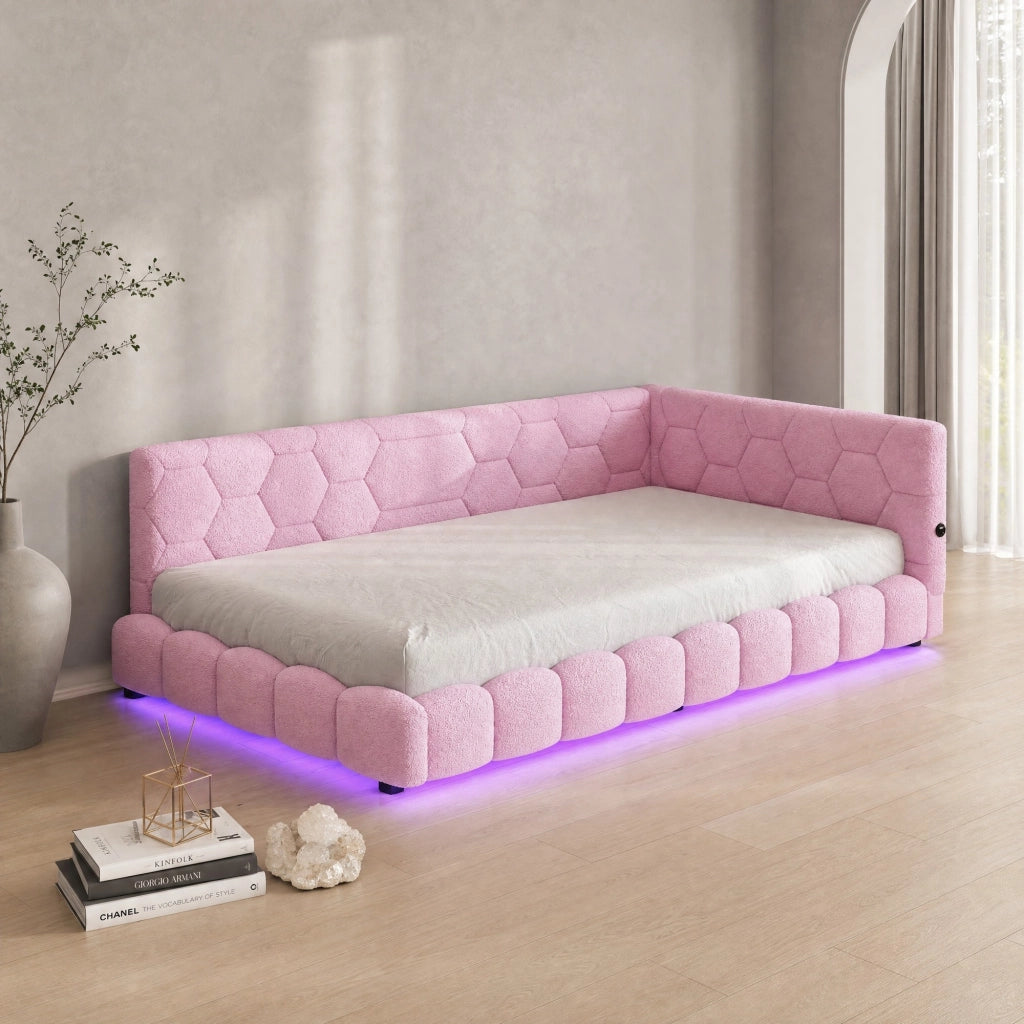 Divano letto singolo con LED regolabile; USB e Type-C; 90 x 200 cm; velluto rosa