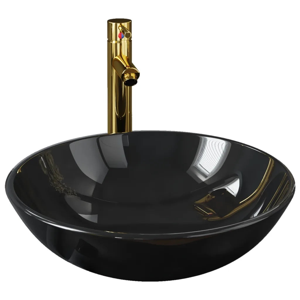Lavandino-Lavabo-Lavello Bagno con Rubinetto e Piletta in Vetro Temperato Nero 402090