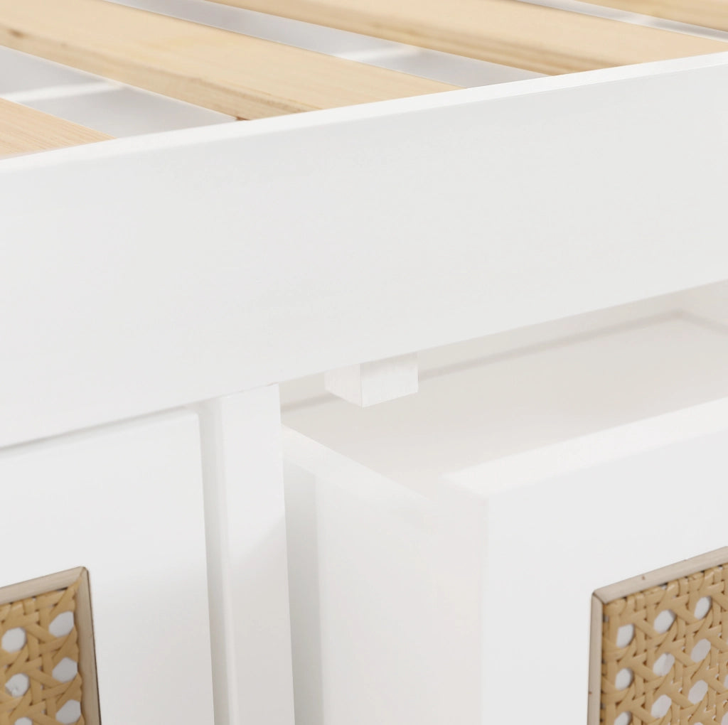 Letto a castello 90x200 cm con 3 cassetti e sponde di sicurezza; bianco e naturale