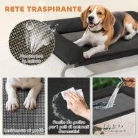 Lettino per Cani Rialzato di 19.5 cm con Cuscino a U, in Poliestere e Acciaio, 110x75x30 cm, Nero e Argento