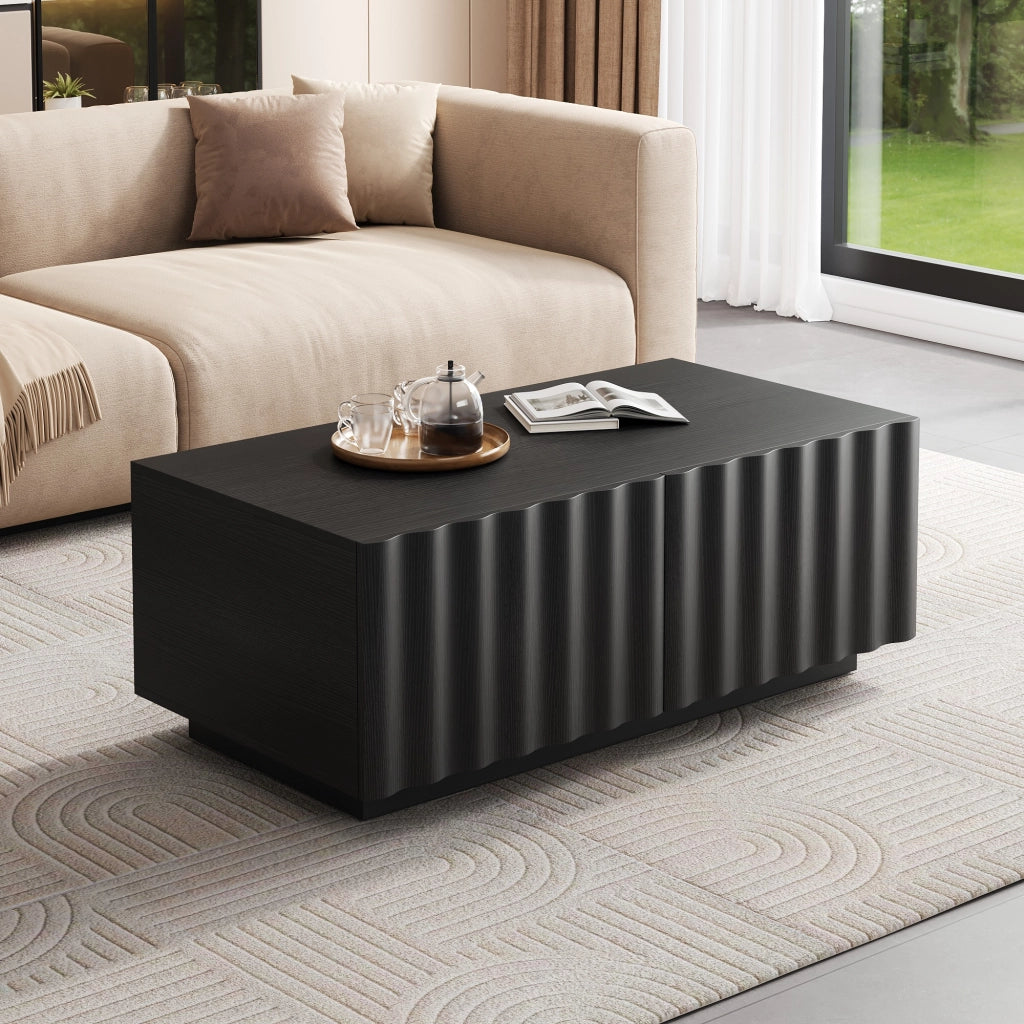 Tavolino basso con 2 cassetti e frontale a onde, per soggiorno, in MDF e pannello truciolare, nero, 100 × 50 × 40 cm
