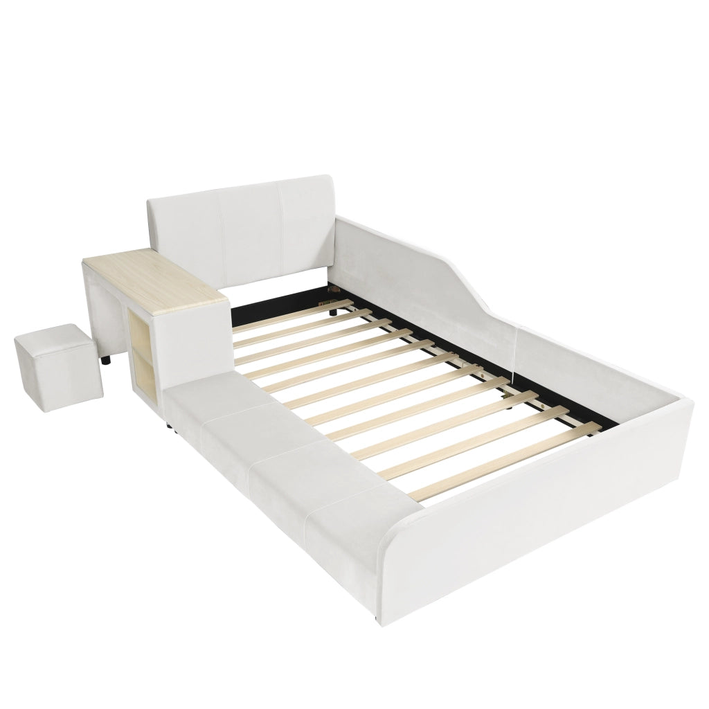Letto singolo imbottito 90x200 cm con scrivania e sgabello, testiera morbida in velluto, rete a doghe, bianco