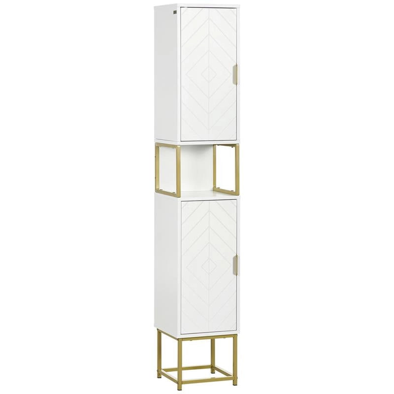 COLONNA BAGNO CON 2 ARMADIETTI E RIPIANO IN MDF E ACCIAIO, 30X30X170.7CM, BIANCO E ORO