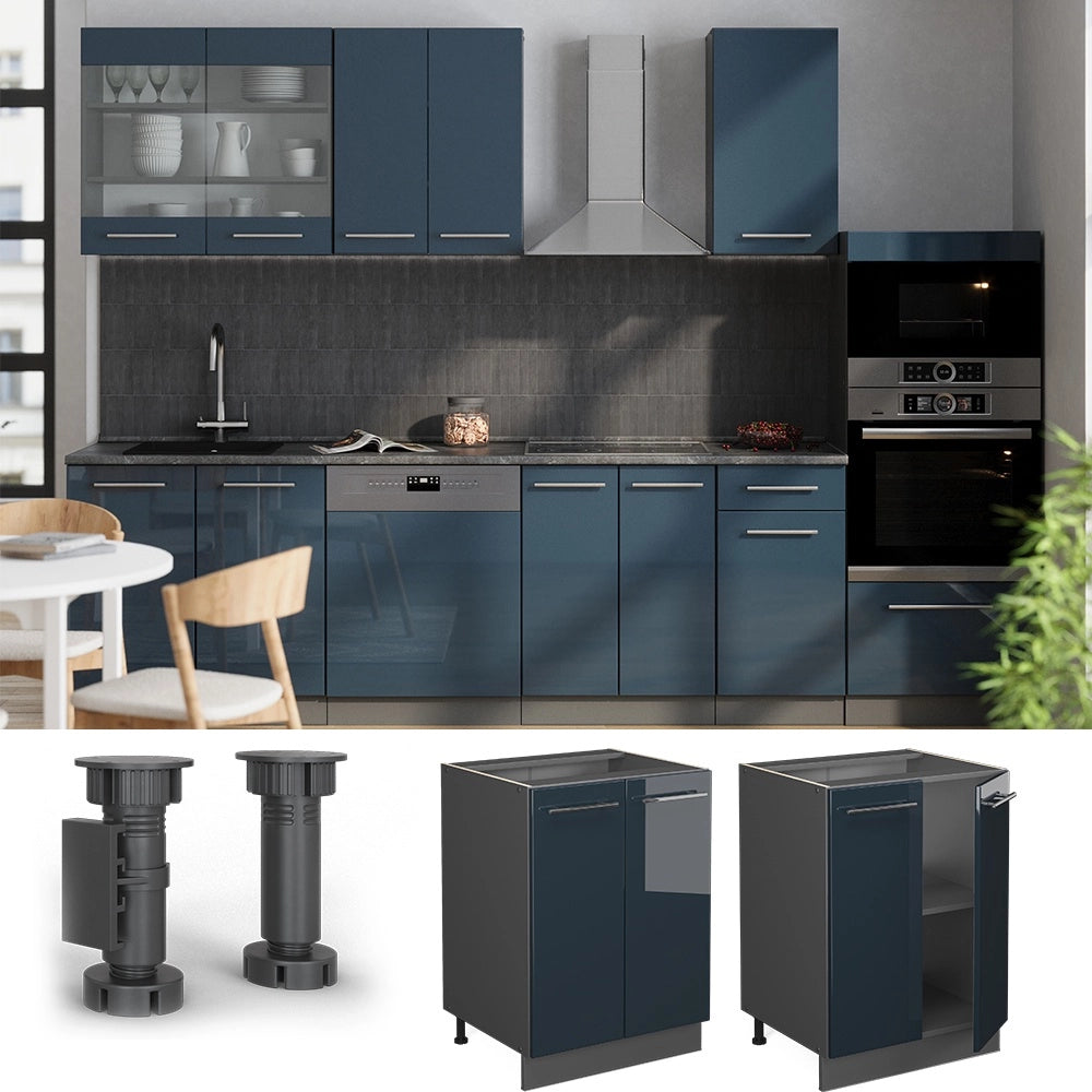 Mobiletto base cucina Fame-Line Blu scuro lucido/Antracite 60 cm senza piano di lavoro Vicco