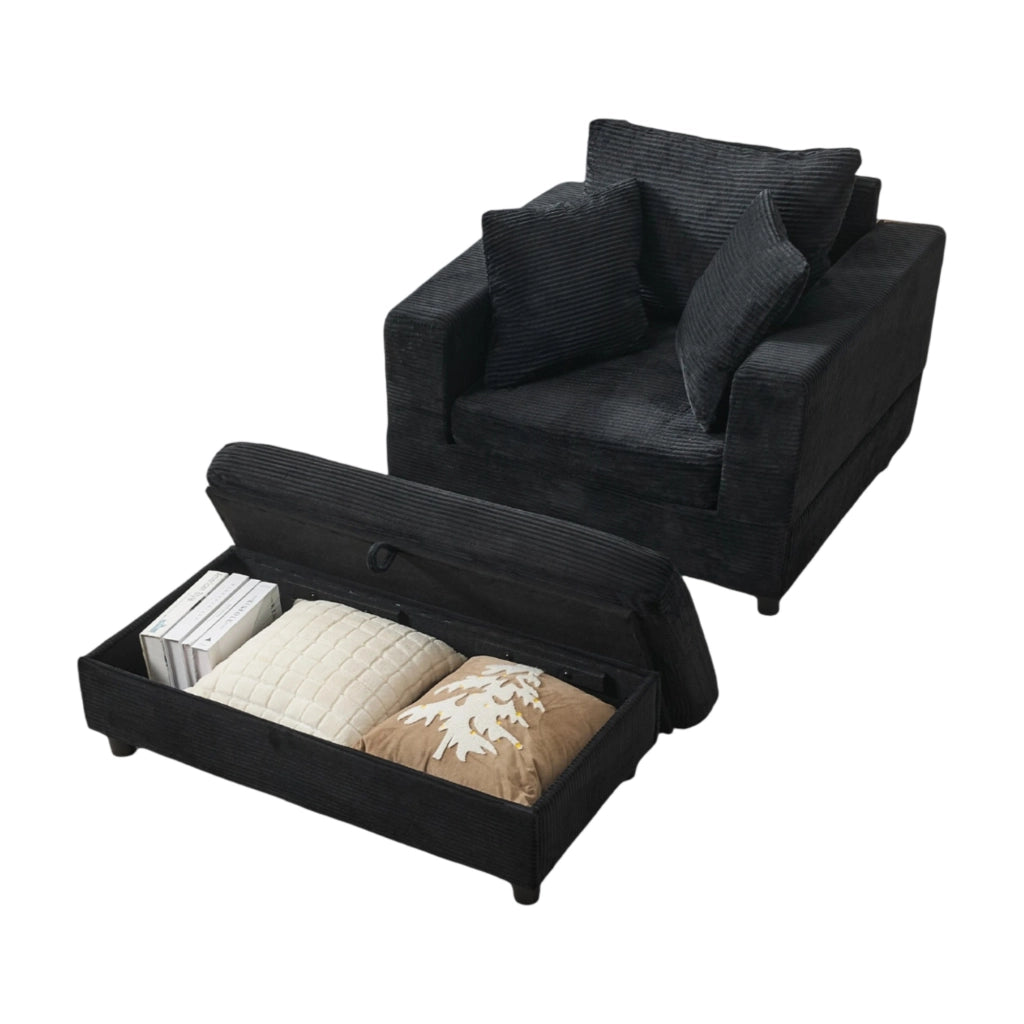 Chaise longue con contenitore, poltrona lounge in velluto a coste, metallo e legno, nero