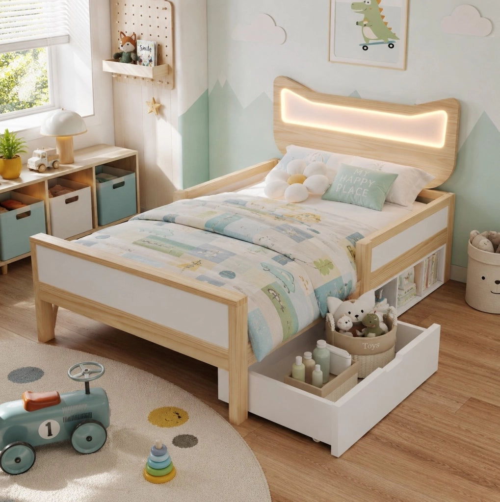 Letto per bambini con testa a gatto, LED RGB, cassetto e sponda di sicurezza