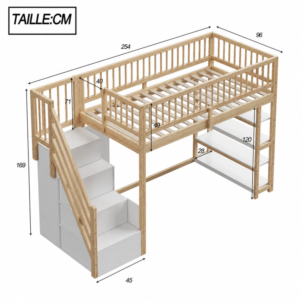 LETTO A SOPPALCO 90x200 cm Legno naturale con scala e spazio contenitivo