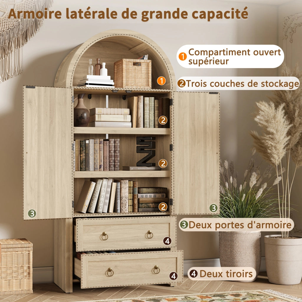 Credenza con 2 Cassetti; Ante in Rattan e Ganci Laterali; Stile Vintage; in MDF; Rovere; 80??40??180 cm
