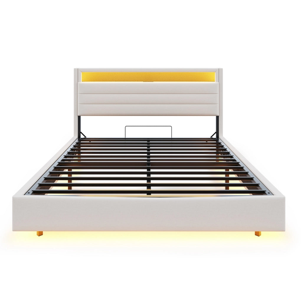 Letto imbottito 160x200 cm con vano contenitore idraulico, LED e USB