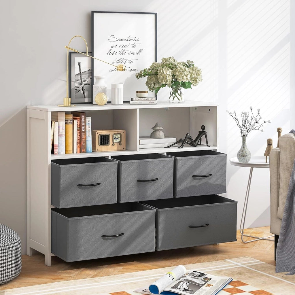 Cassettiera in Tessuto, Cassettiera con 5 Cassetti e 2 Ripiani Aperti, con Contenitori in Tessuto e Ampio Piano, per Camere da letto, Soggiorno e Ingresso, 100 x 30 x 78 cm